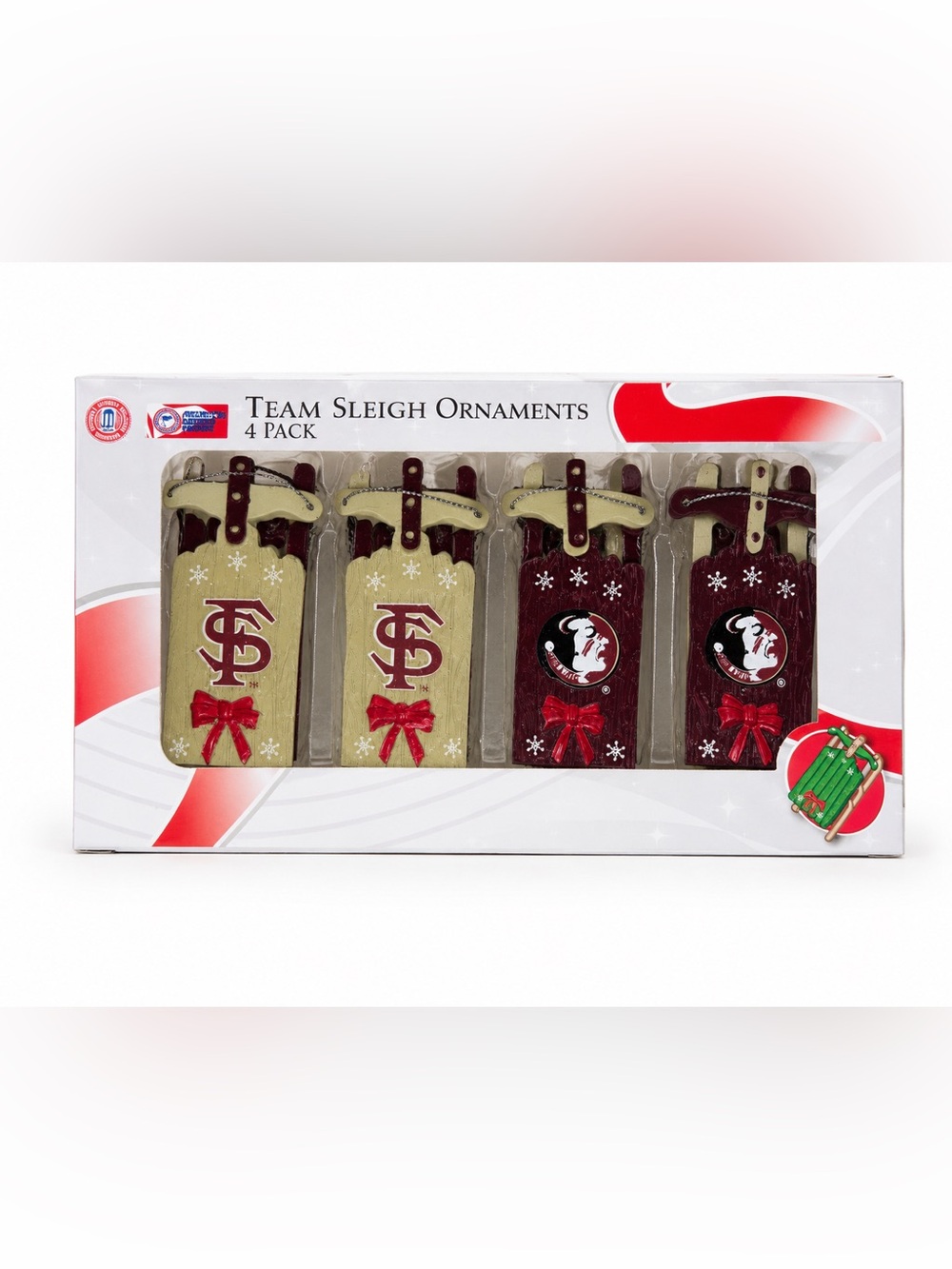 NCAA Team Sleigh Ornament Set 4-Pack FSU Florida State Seminoles NIB